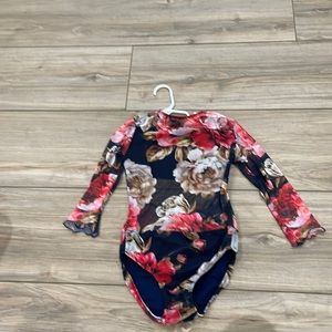 mesh flower print sokali leotard with mesh three quarter sleeves